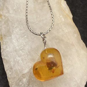 Vintage Amber Puffy Heart Sterling Silver 925 Pendant 16.5'' Chain Necklace 5g